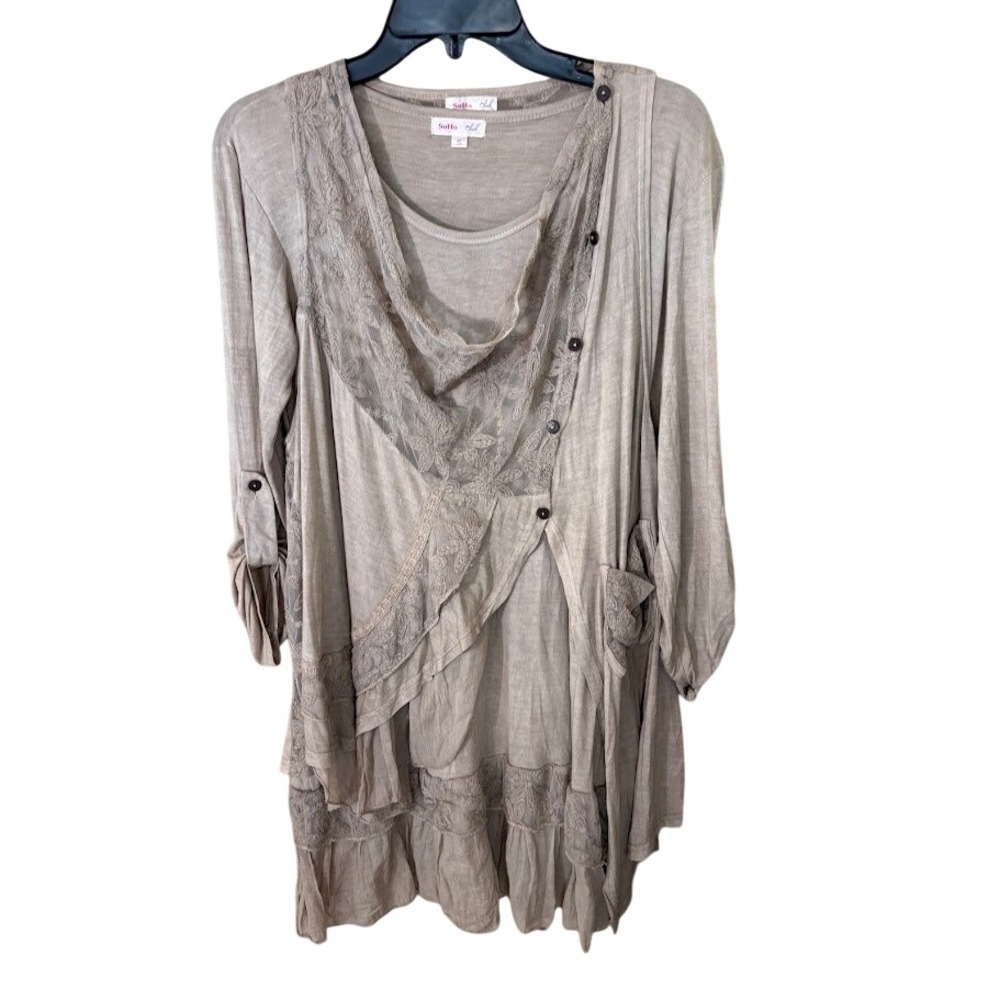 SoHo Chick Taupe Lace Layered Tunic and Vest 2-Piece Set Small Boho Lagenlook